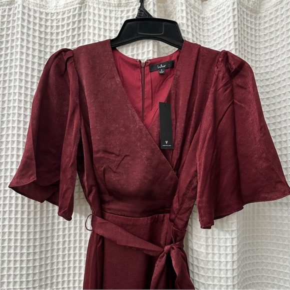 Lulus Wrapped Up In Love Burgundy Satin Faux-Wrap Midi Dress size S - Picture 9 of 10